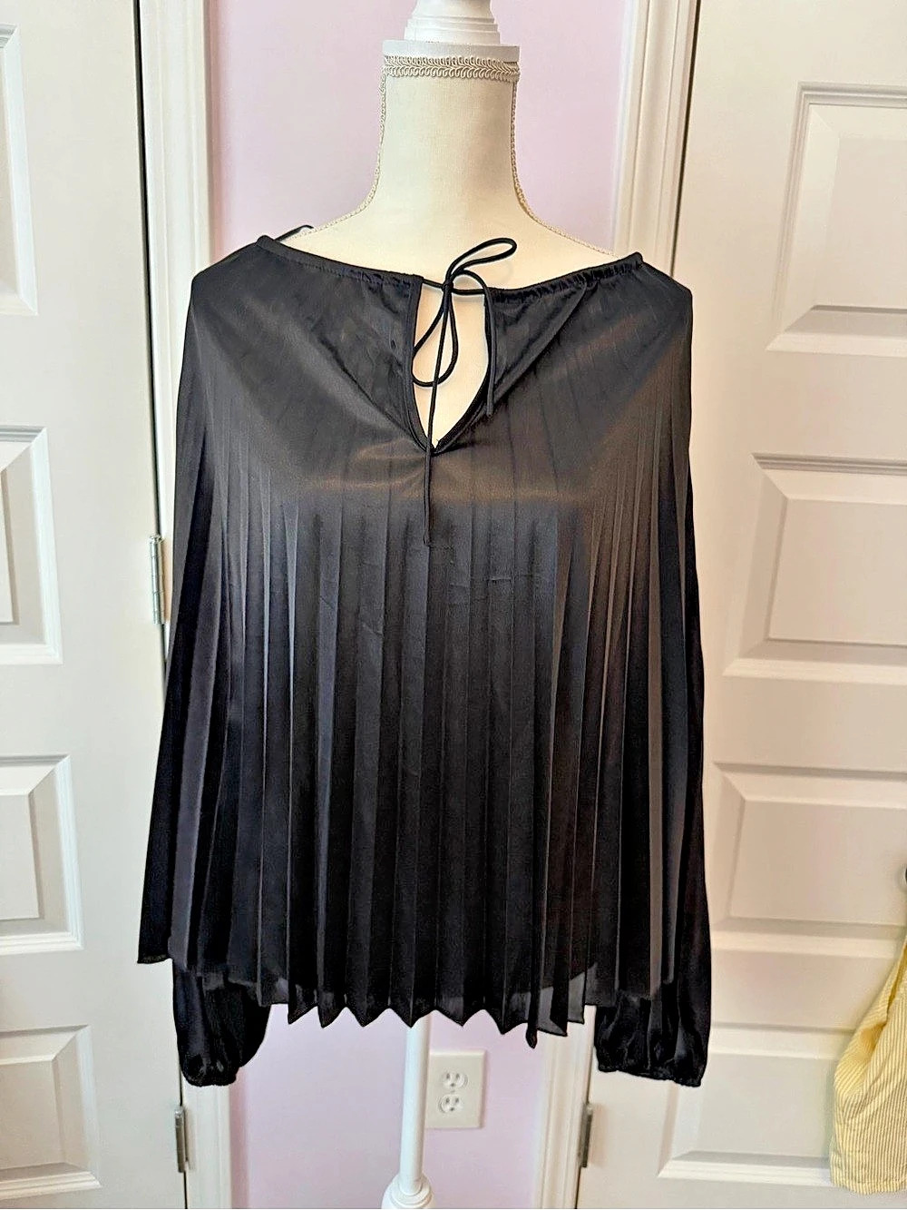 Glam Black Pleated Silk Blouse